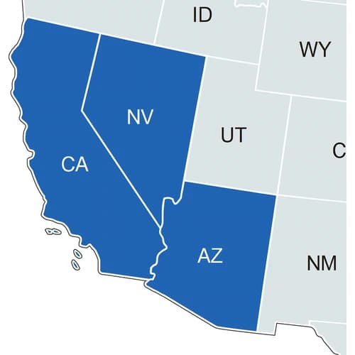 Service Area Map - California, Nevada, and Arizona